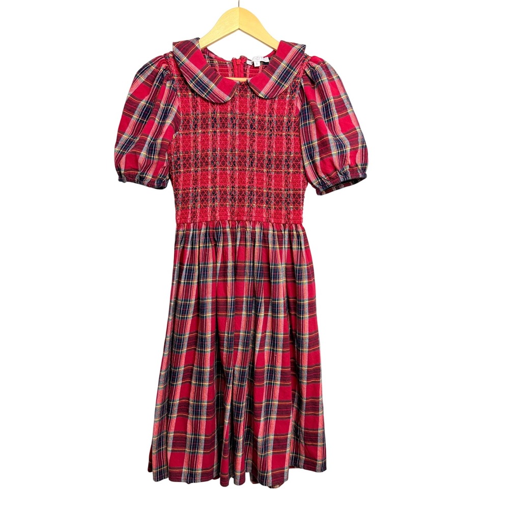 Ivy City Co Evie Red Plaid Flannel Smocked Midi Dress Peter Pan Collar S